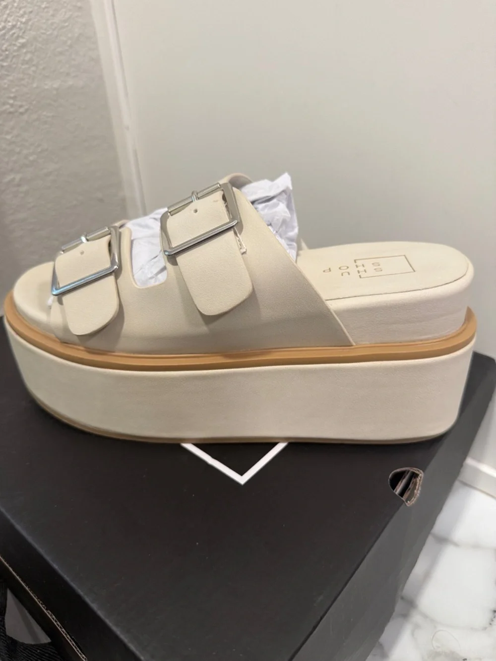 NWT SHUSHOP Lucinda Platform Slide Stone Sandal women’s size 7.5 - Picture 3 of 8